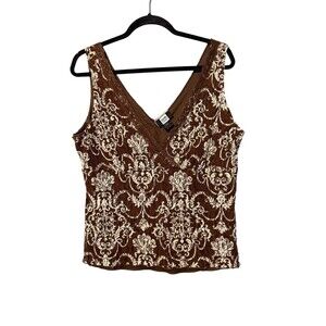 Studio 1940 Tank Top Cami Size XL Brown White Lace Overlay Y2K